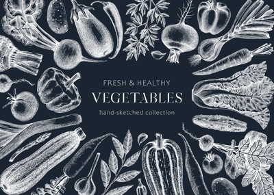 Hand-drawn vegetables vector illustrations. Hand-sketched healthy food collection. Vintage edible plants hand-drawings. Fresh vegetables sketches on chalkboard. Design elements for menu or banners